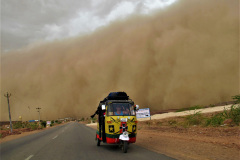 A rickshaw trying to outrun a sandstorm