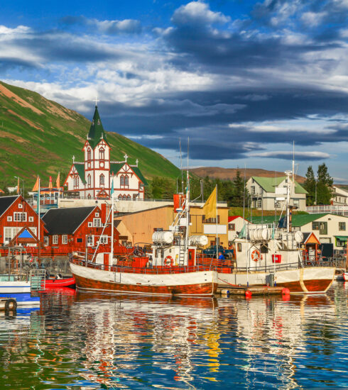Husavík harbour as seen from the sea